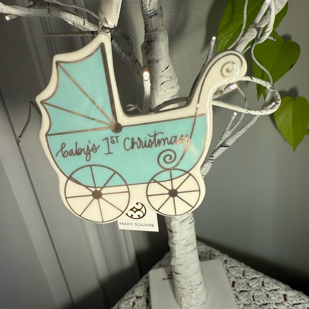 Mary Square Baby's First Christmas Ornament - Aqua and White